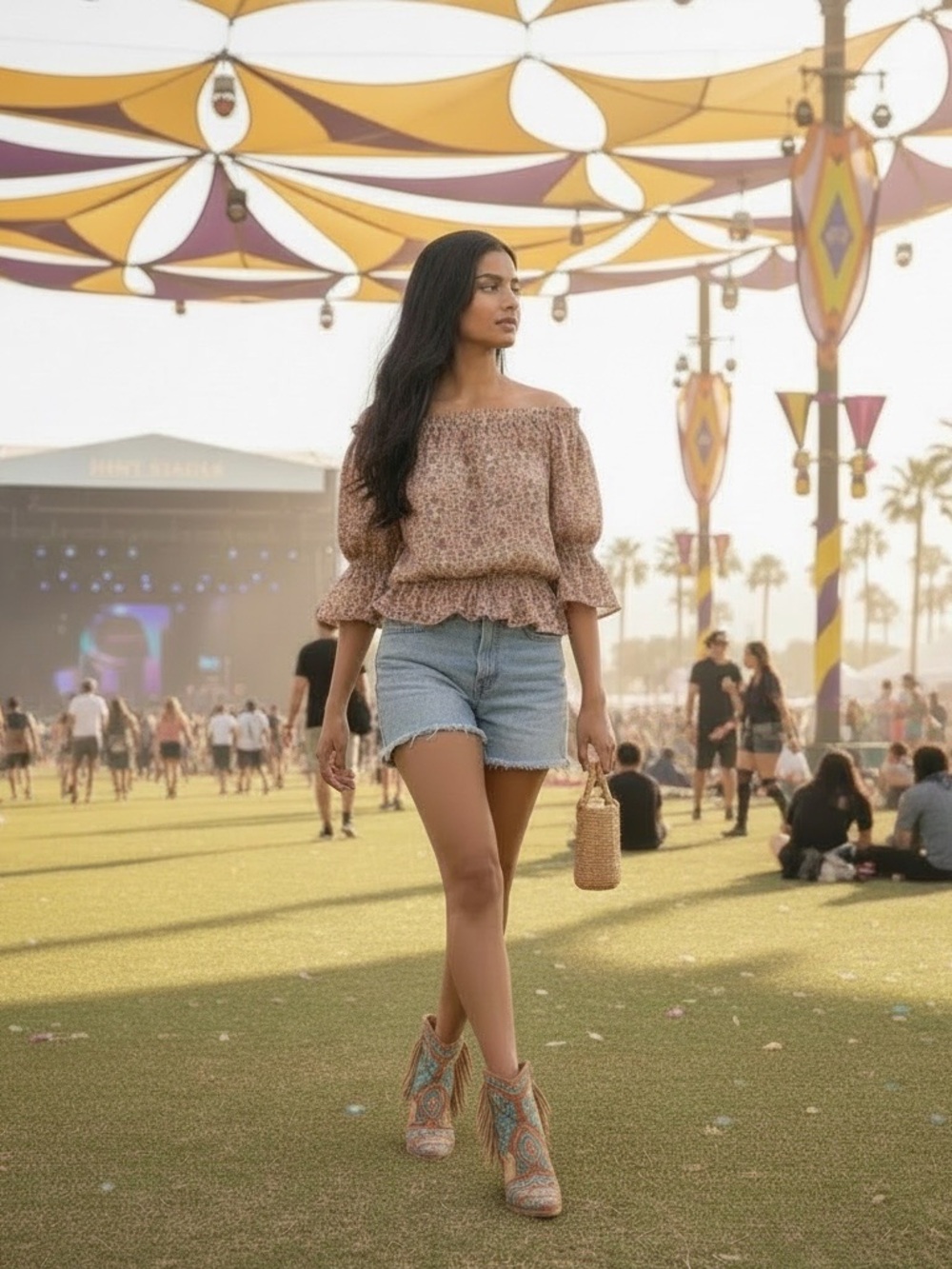 MISA Los Angeles Floral Smocked Off-Shoulder Top in Coral Multi